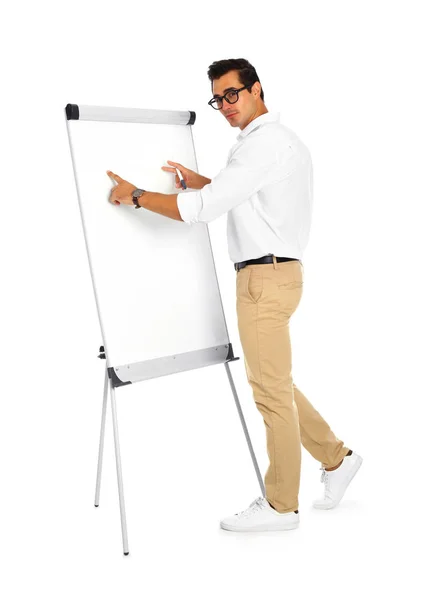 Treinador de negócios profissional perto de flip chart no fundo branco — Fotografia de Stock