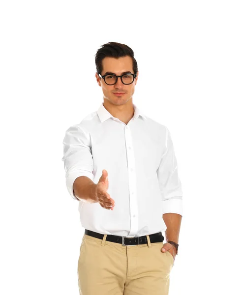 Professzionális üzleti oktató, kézfogás fehér háttérrel — Stock Fotó
