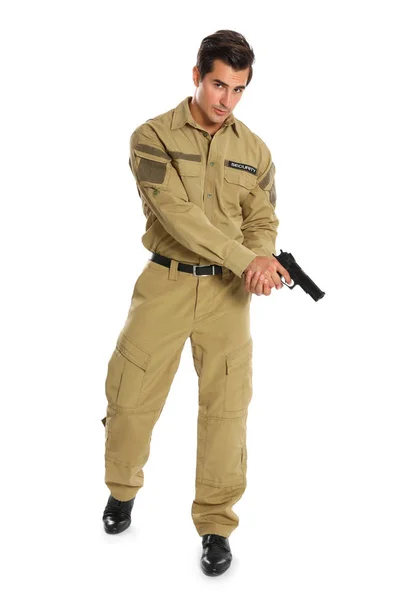 Masculino segurança guarda no uniforme com arma no branco fundo — Fotografia de Stock