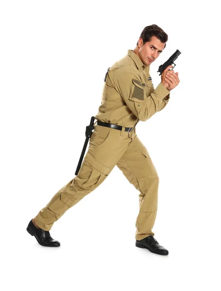 Чоловічий охоронець у формі з пістолетом на білому тлі — стокове фото