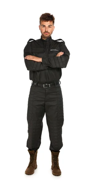 Guardia de seguridad masculino en uniforme sobre fondo blanco — Foto de Stock