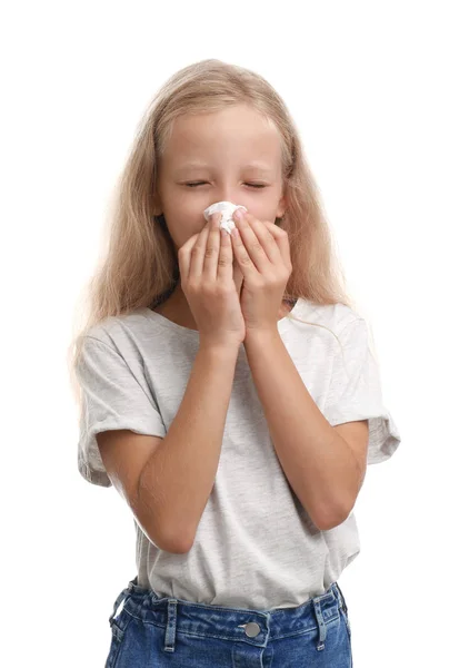 Little girl suffering from allergy on white background — Stock Photo, Image