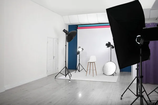 Photo studio interior with set of professional equipment — Stock Photo, Image