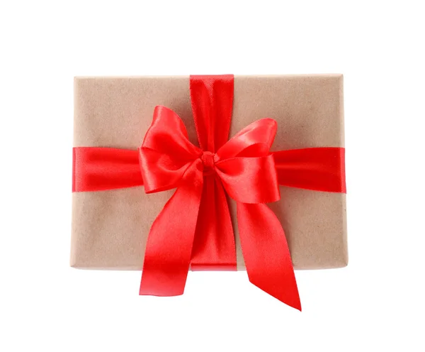 圣诞礼盒装饰有丝带蝴蝶结的白色背景，顶视图 — 图库照片