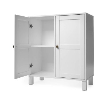 Beyaz arka planda boş ahşap dolap. Şık ev mobilyaları