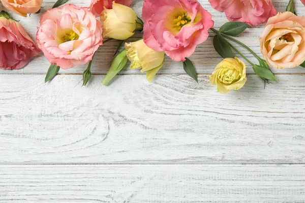 Flat lay composition with beautiful Eustoma flowers on white wooden table, space for text — Stock Photo, Image