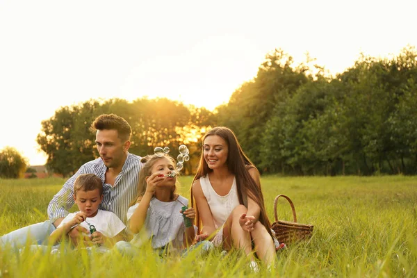 Lycklig familj blåser tvål bubblor i parken vid solnedgången. Sommar picknick — Stockfoto