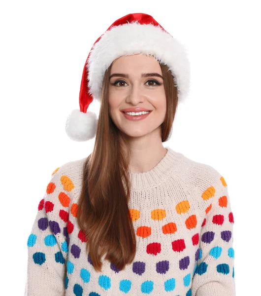 Szczęśliwa młoda kobieta w Santa kapelusz i sweter na białym tle. Święta Bożego Narodzenia — Zdjęcie stockowe
