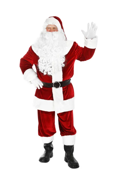 Šťastné autentické Santa Claus mávající na bílém pozadí — Stock fotografie