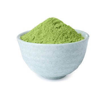 Buğday çim toz Beyaz arka plan üzerinde kase