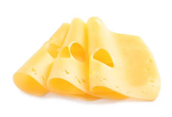 Fatias de queijo maasdam saboroso no fundo branco — Fotografia de Stock