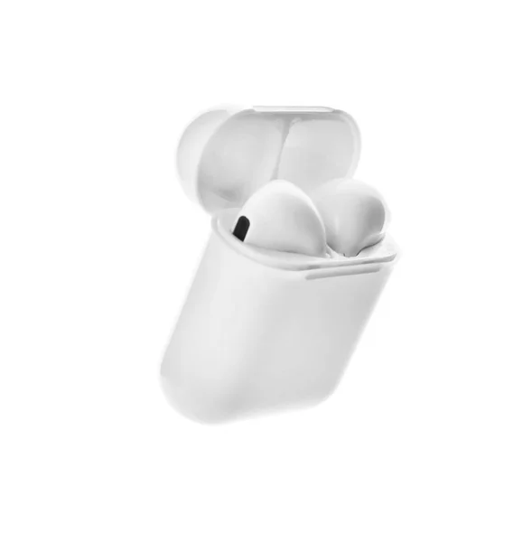 Modern wireless earphones in charging case on white background