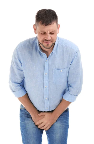 Man suffering from pain on white background. Urology problems — Stock Photo, Image