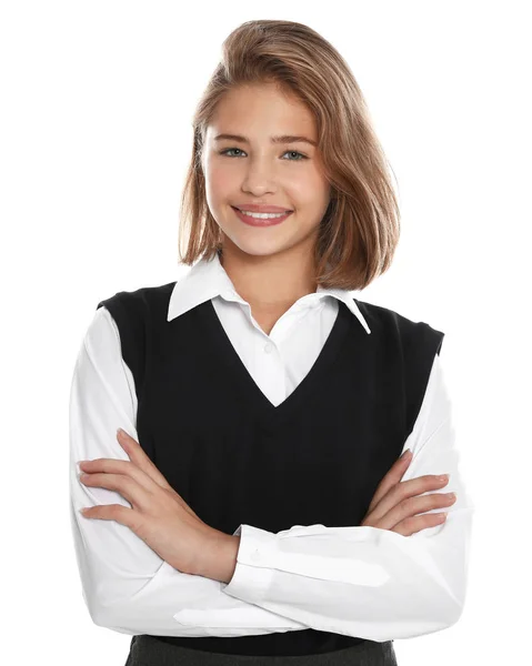 Chica feliz en uniforme escolar sobre fondo blanco —  Fotos de Stock