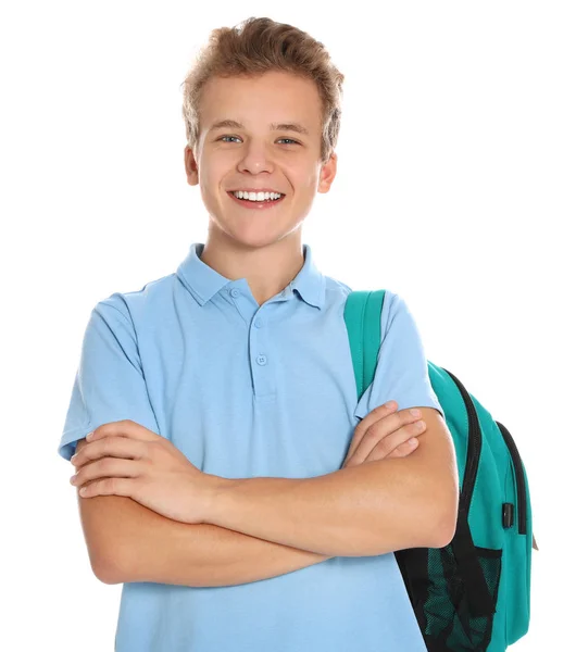 Joyeux garçon en uniforme scolaire sur fond blanc — Photo