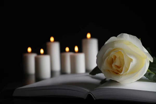 Rosa blanca, libro y velas encendidas borrosas en la mesa en la oscuridad, primer plano con espacio para el texto. Símbolo funerario —  Fotos de Stock