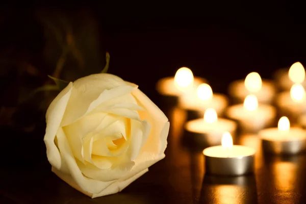 Witte roos en brandende kaarsen op tafel in duisternis. Begrafenis symbool — Stockfoto