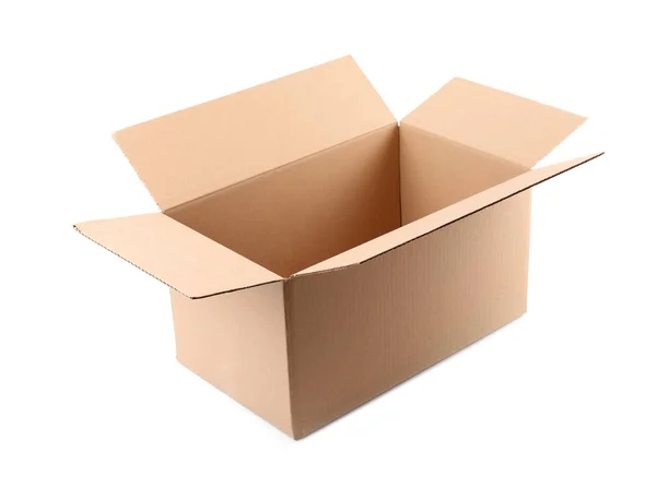 Caja de cartón abierta sobre fondo blanco. Burla para el diseño —  Fotos de Stock