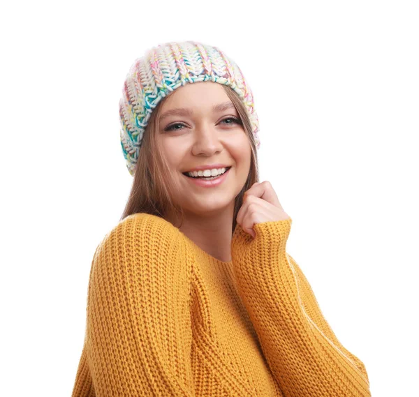 Young woman in warm sweater and hat on white background. Winter season — Stock Photo, Image