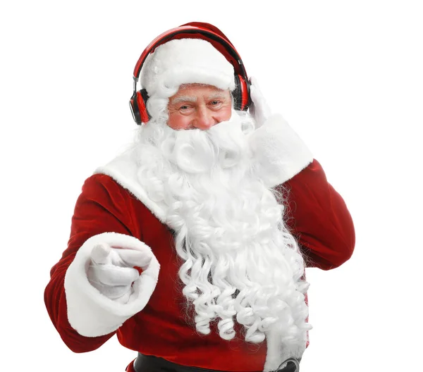 흰색 배경에서 크리스마스 음악을 듣고 산타 클로스 — 스톡 사진