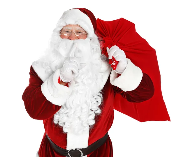 Authentic Santa Claus with bag full of gifts on white background — Stock Photo, Image