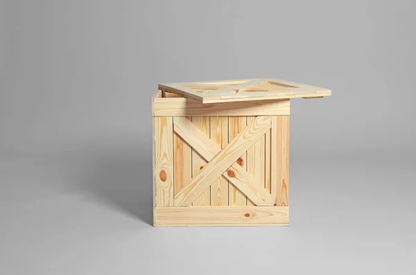Один відкритий дерев'яний ящик на сірому фоні — стокове фото