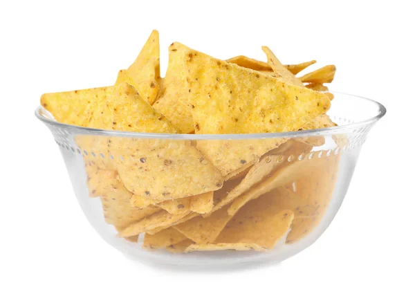 Glass bowl with tasty Mexican nachos chips on white background — Stock Photo, Image