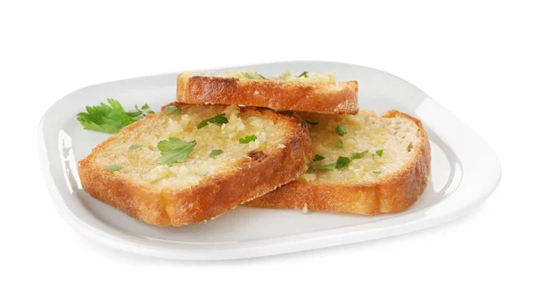 Toastbrot mit Knoblauch und Kräutern auf weißem Hintergrund — Stockfoto