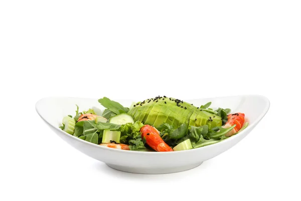 Delicious avocado salad with shrimps in bowl on white background — Stock Photo, Image