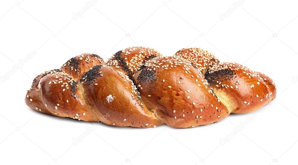 Fresh pastry with sesame and poppy seeds on white background