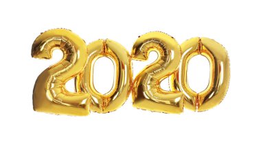 Beyaz arka plan üzerinde parti dekorasyon için altın balonlar. 2020 Yeni Yıl kutlaması