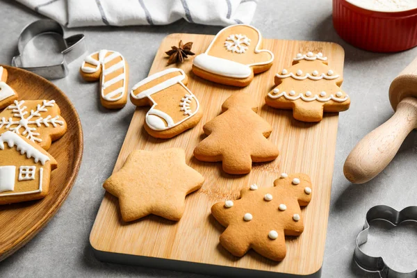 Tasty homemade Christmas cookies on grey table — Stock Photo, Image