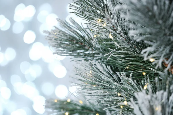 Versierde kerstboom tegen vage lichten op achtergrond. Bokeh-effect — Stockfoto