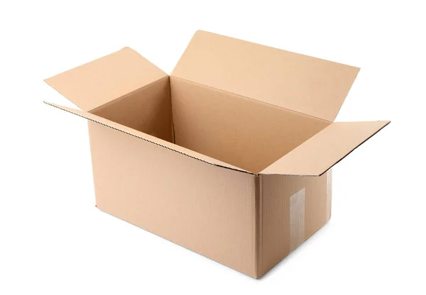 Caja de cartón abierta sobre fondo blanco. Burla para el diseño —  Fotos de Stock