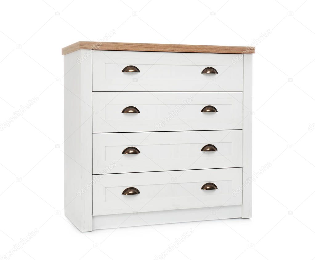 Modern chest of drawers isolated on white. Furniture for wardrobe room