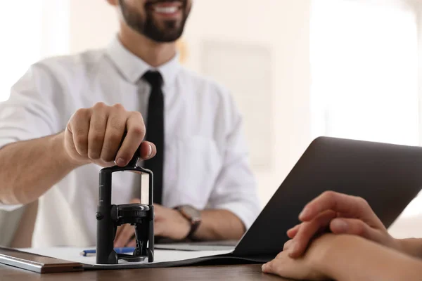 Male notary working with client in office, closeup — Stock Photo, Image