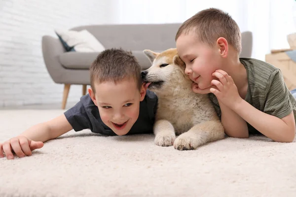 Ragazzi felici con cane Akita Inu sul pavimento in soggiorno. Piccoli amici — Foto Stock
