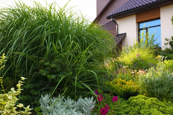 여름 날 에 현대 집 근처 녹색 정원과 아름 다운 풍경 — 스톡 사진