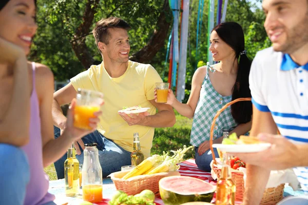 Jonge mensen genieten van picknick in Park op zomerdag — Stockfoto