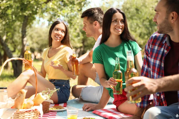 Mladí lidé, kteří si v létě užívají piknik v parku — Stock fotografie