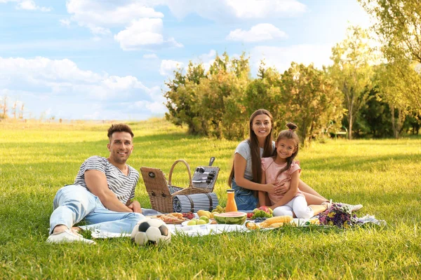 Boldog család piknik a parkban a napsütéses nyári napon — Stock Fotó
