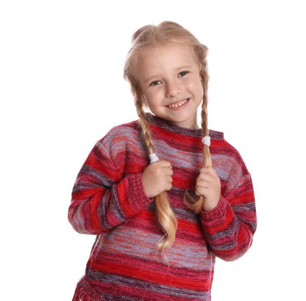 Cute Little Girl w ciepłym swetrze na białym tle. Sezon zimowy — Zdjęcie stockowe