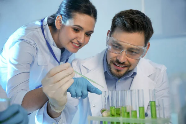 Cientistas trabalhando com amostra em laboratório de química — Fotografia de Stock