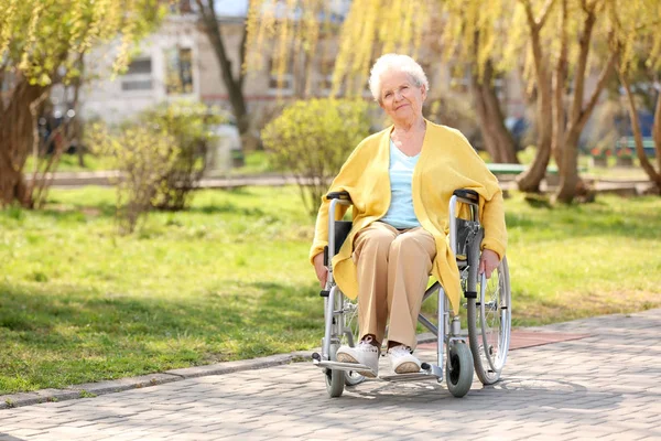 Mujer mayor en silla de ruedas en el parque en un día soleado — Foto de Stock