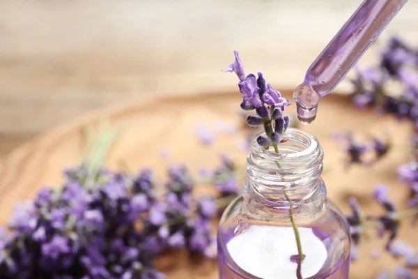 Natural oil dripping into bottle and lavender flowers on table, closeup with space for text. Cosmetic product