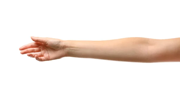 Jonge vrouw bereiken hand voor schudden op witte achtergrond, close-up — Stockfoto