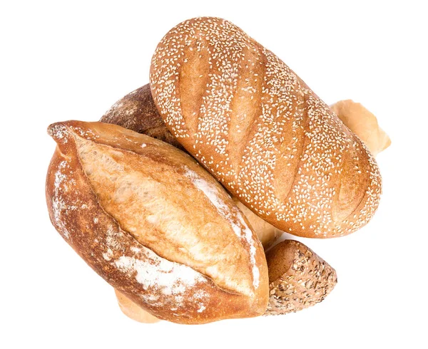 Bochenki różnych chlebów na białym tle, widok z góry — Zdjęcie stockowe