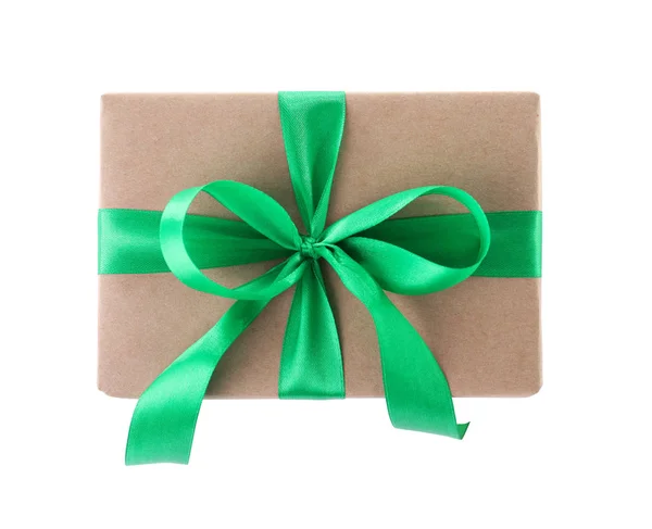 Christmas presentbox dekorerad med Ribbon Bow på vit bakgrund, uppifrån — Stockfoto