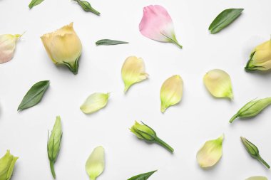 Açık renkli güzel Eustoma çiçekler ile düz yatıyordu kompozisyon