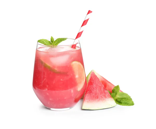 Tasty refreshing drink with watermelon on white background — Stock Photo, Image